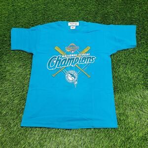 Vintage 1997 Florida Marlins Baseball Shirt Large 20x27 World-Series Blue